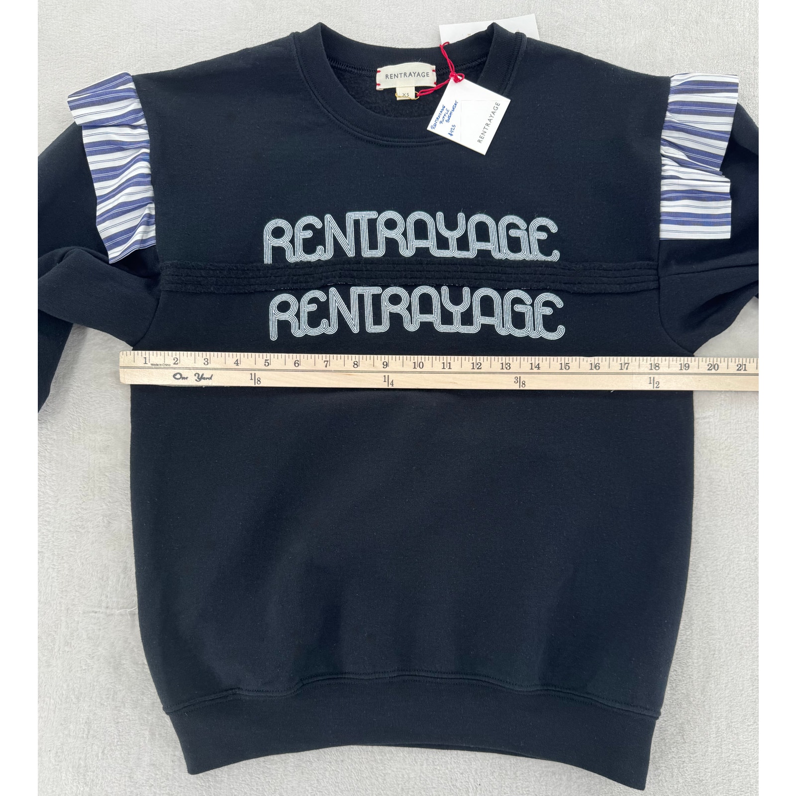 Rentrayage Black Navy Sweatshirt Short Sleeve Ruffle Oversized Xs Nwt — image 5 of 7